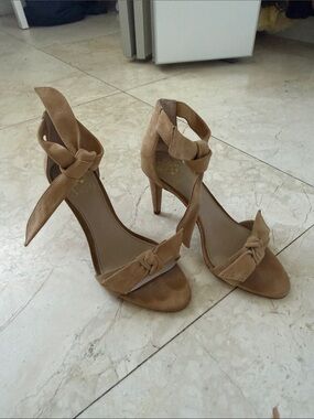 Vince Camuto Tan Suede Ankle-Tie Knotted Stiletto Sandals